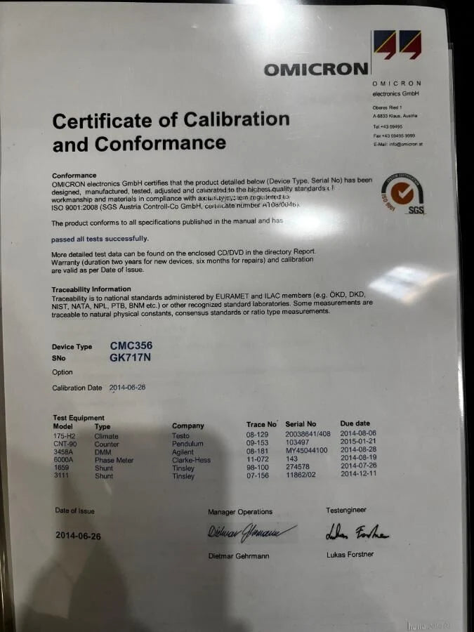 OMICRON CMC 356 Protection Relay Tester + Calibration Cert & Full Cable Set